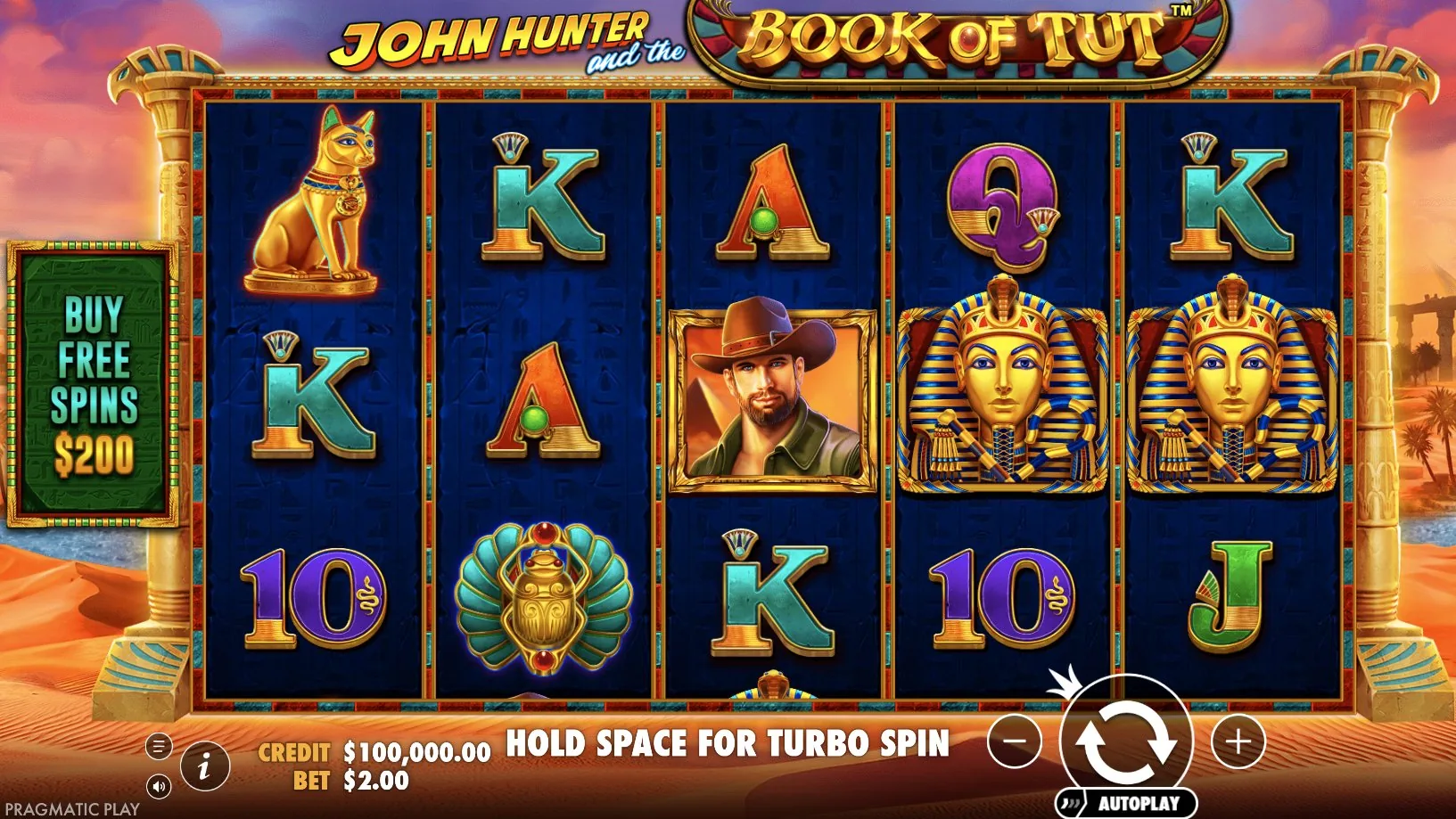 Basisspiel von Book of Tut mit der Schaltfläche 'Buy Free Spins' links neben den Walzen