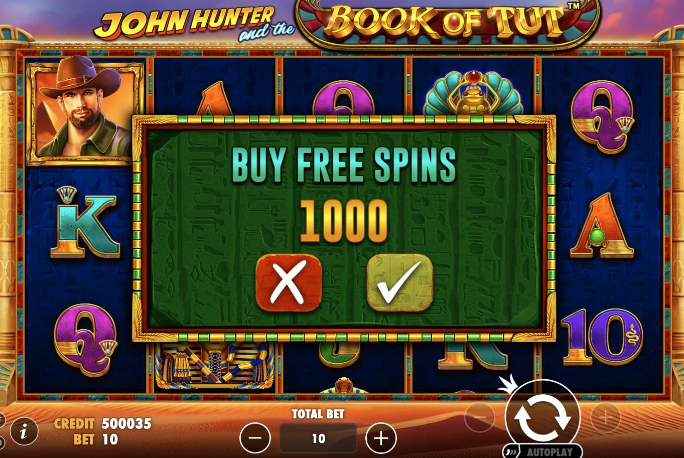 Bonus-Kauf-Bildschirm von Book of Tut: 1.000 Credits bei Einsatz 10