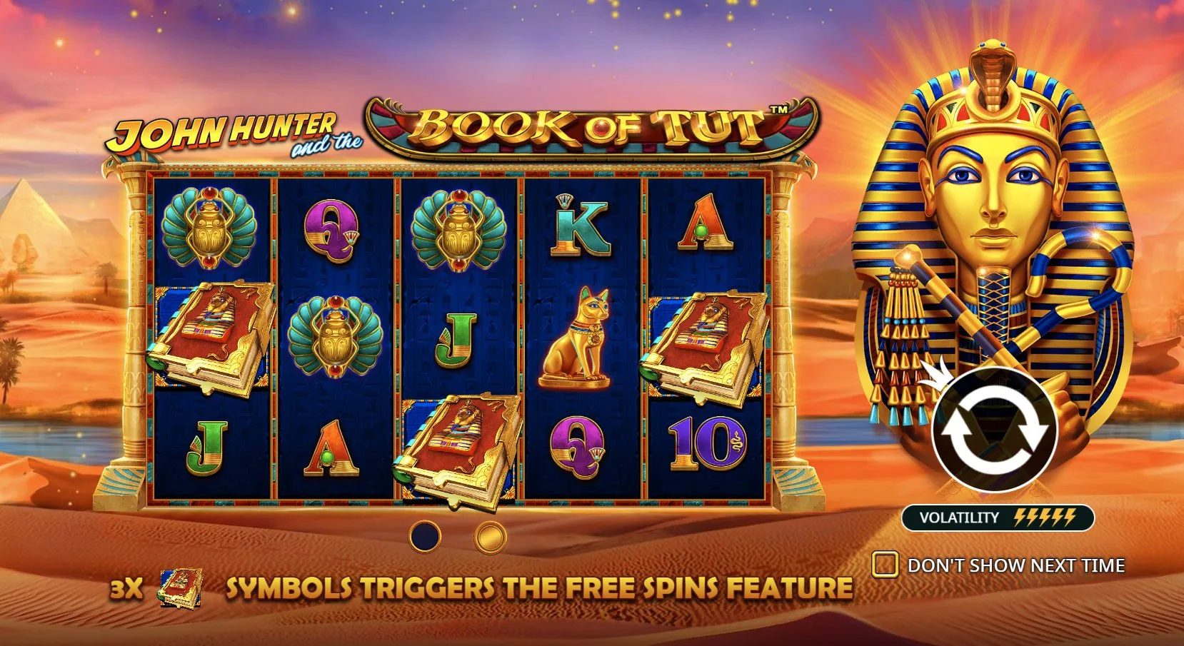 Startbildschirm von John Hunter Book of Tut mit dem Hochvolatilitäts-Indikator 5/5